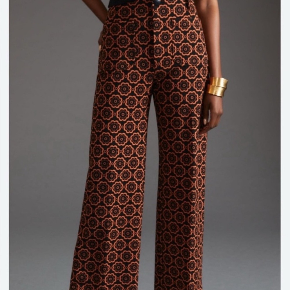 Anthropologie Maeve Colette Pant Black/Orange Wide Leg XL (34) excellent cond